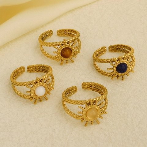 Adjustable Rings 304 Stainless Steel 18K Gold Plated Natural Stone Sunflower Sunburst Twisted Design Bohemian Retro