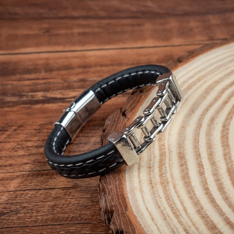 Men PU Leather Bracelet Alloy Bicycle Chain Punk Magnetic Buckle Vintage Biker Wristband