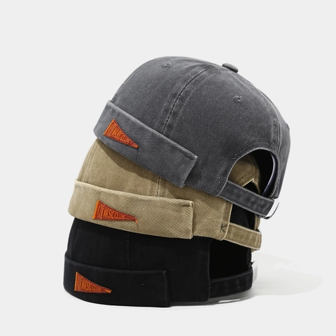 Brimless Docker Hat Washed Cotton Adjustable Vintage Retro Streetwear Miki Cap Mit Orangefarbenem Dreieckspatch Unisex