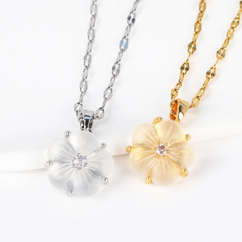 Bloemen Hanger Ketting Roestvrij Staal Mat Witte Bloesem Bloemblad Zirkoon Inleg Elegante Romantische Sieraden Voor Dames