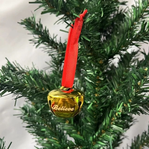 Christmas Bell Metal Ornament With Red Ribbon Believe Print Hanging Xmas Tree Decor
