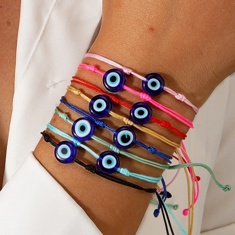 Bracelet Corde Tressée Mauvais Œil Réglable Perle En Verre Lampwork Style Boho Ethnique Bijoux Amulette