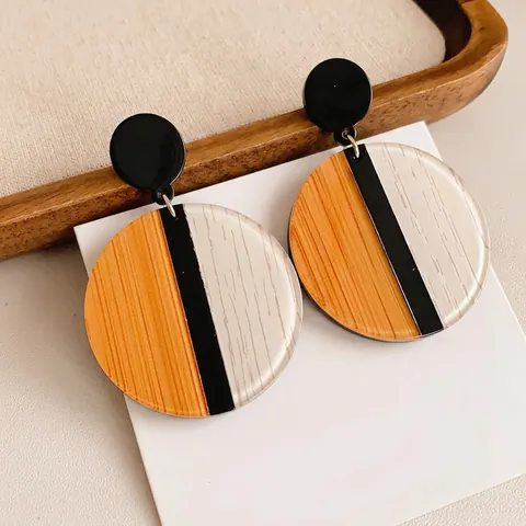 Orecchini Pendenti Geometrici Circolari In Acrilico Con Perno In Argento Design Venature Del Legno Colorate Moda Donna