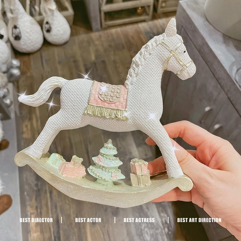 Décoration De Noël Cheval À Bascule Résine Texture Tricotée Blanc Sapin Miniature Boîte Cadeau Décor De Table