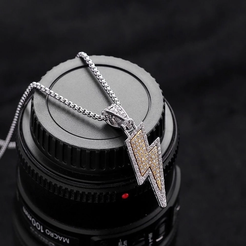 Κολιέ Με Μενταγιόν Κεραυνός Iced Out Ανοξείδωτο Ατσάλι Αλυσίδα Κουτί Δίχρωμο Ζιργκόν Hip Hop Punk Κοσμήματα
