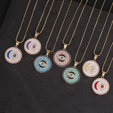Evil Eye Anhänger Halskette Rund Kupfer Emaille Zirkonia Mond Sonne Vergoldet Mode Schmuck Für Frauen Elegantes Geschenk