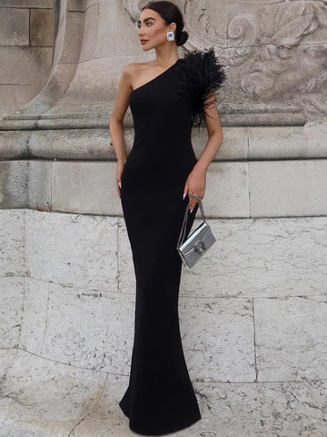 One Shoulder Feather Trim Slim Fit Maxi Dress Solid Color Elegant Evening Gown For Women