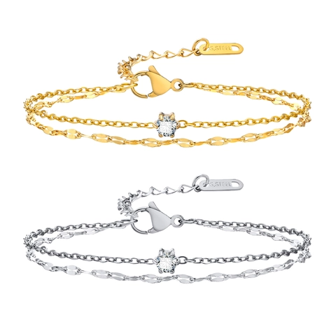 Pulsera De Doble Capa Acero Inoxidable Con Circonita Cúbica Redonda Joyería Minimalista Ajustable Para Mujer