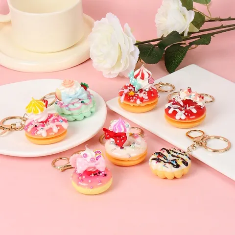 Simulation Donut Keychain Realistic Food Dessert Pendant PVC Resin Alloy Ring Bag Charm Decor Cute Gift For Girls
