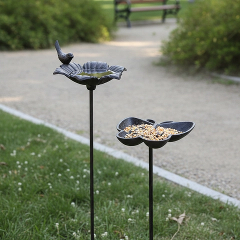 Cast Iron Bird Feeder Garden Stake Retro Outdoor Birdbath For Yard Lawn Decoration Floral Butterfly Design
