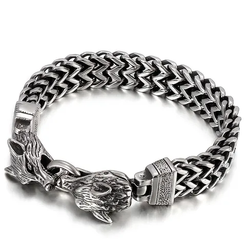Double Wolf Head Bracelet 316L Stainless Steel Byzantine Weave Chain Punk Viking Retro Silver Jewelry For Men