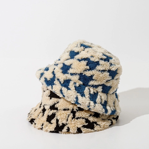 Plush Bucket Hat Houndstooth Geometric Pattern Faux Fur Thickened Warm Autumn Winter Basin Hat For Women Men
