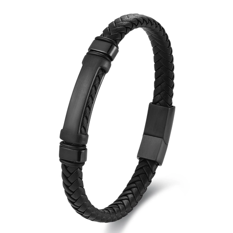 Men Woven Leather Bracelet Stainless Steel Metal Plate Magnetic Clasp Simple Fashion Punk Wristband Bangle Jewelry