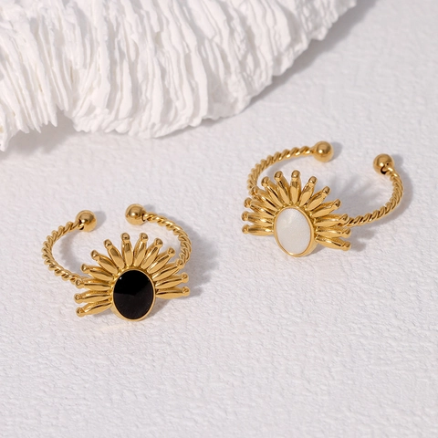 Vintage Sunburst Adjustable Ring Stainless Steel 18K Gold Plated With Black Agate Or Mother Of Artificial Pearl French Style For Women