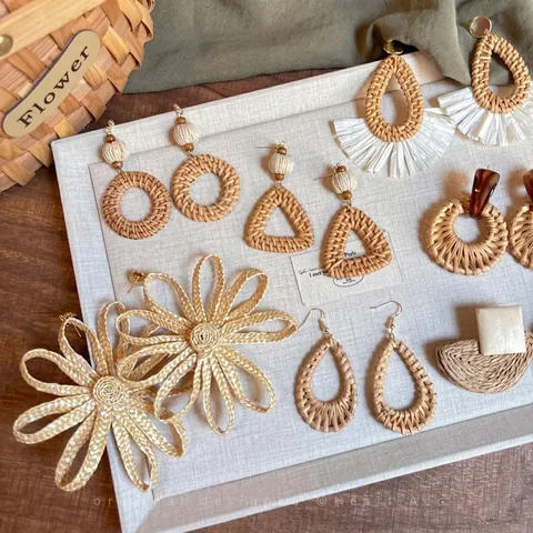 Orecchini Pendenti Intrecciati Bohémien In Rafia Rattan Legno Resina Perno In Argento Gioielli Da Spiaggia Estivi Da Donna