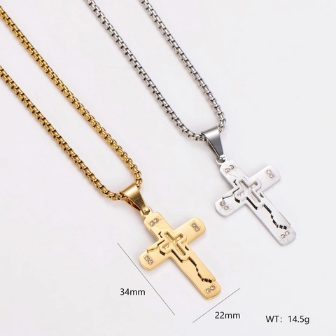 Kruis Hanger Ketting 304 Roestvrij Staal Strass Hip Hop Punk Dubbele Laag 18K Verguld Sieraden Voor Heren Dames