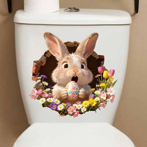 Easter 3D Wall Stickers PVC Cartoon Rabbit Floral Easter Egg Decals Waterproof Removable Bathroom Toilet Home Decor