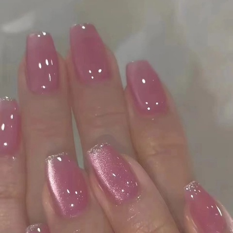 Uñas Postizas Magnéticas De Ojo De Gato Rosa Malva Puntas De Purpurina Forma De Ataúd Brillantes Removibles