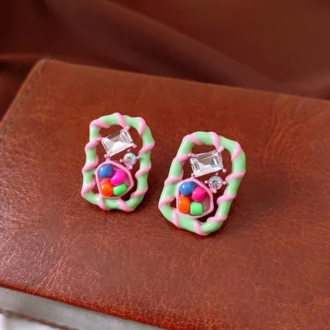 Orecchini Rettangolari Vintage Contrasto Rosa Verde Con Perno In Argento Lega Zircone Perle Di Vetro Colorate