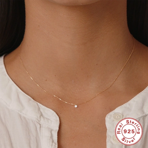 Collana Minimalista in Argento Sterling 925 con Zirconia per Donna Elegante Collana con Ciondolo a Pietra Rotonda Oro Argento
