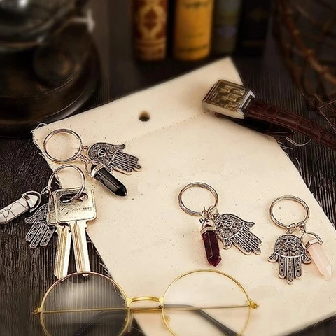 Hamsa Hand Böser Blick Schlüsselanhänger Naturstein Kristall Sechseckige Säule Anhänger Vintage Legierung Heilung Anhänger