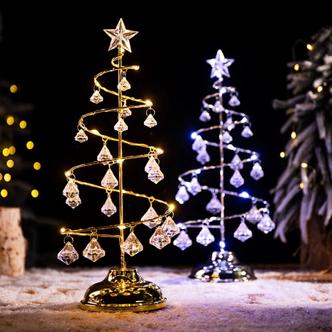Sapin De Noël Lampe De Table LED Spirale Cadre Métal Pendentifs Cristal Acrylique Étoile Décoration Fête