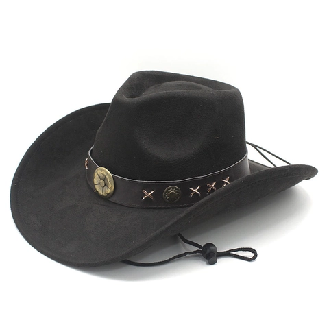 Westerse Cowboyhoed Suède Polyester Brede Rand Vintage Leren Band Metalen Klinknagels Verstelbaar Winddicht Touw Outdoor Unisex
