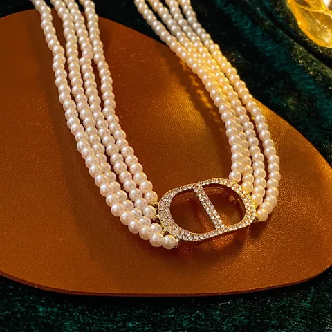 Multi Layer Faux Artificial Pearl Necklace With Rhinestone Letter Pendant Alloy Retro Luxury Jewelry For Women
