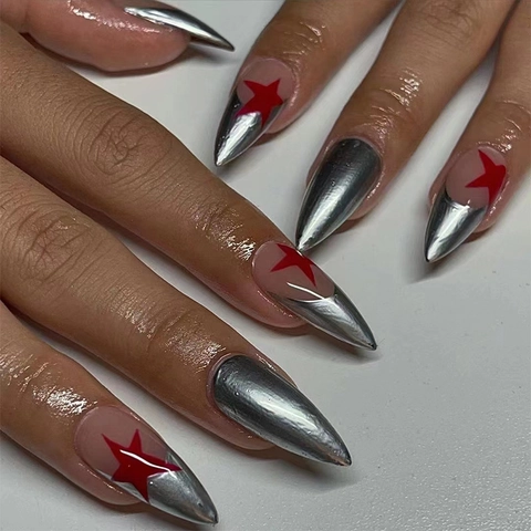 Press On Nails Long Stiletto Almond Shape Silver Metallic French Tip Red Star Pattern Y2K Style Trendy Fashion Manicure