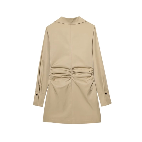 Khaki Shirtjurk Met Lange Mouwen Cargo Stijl Geplooid Trekkoord Reverskraag Elegante Mini Jurk Voor Dames