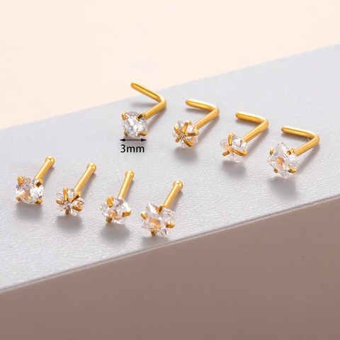 Piercing Naso Acciaio Inox Zircone Cuore Stella Tondo Quadrato Triangolo Gioielli Forma L Barra Dritta Minimalista