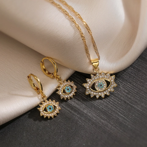 Evil Eye Schmuck Für Damen 18K Vergoldetes Kupfer Halskette Und Ohrringe Blauer Zirkon Türkisches Auge Retro