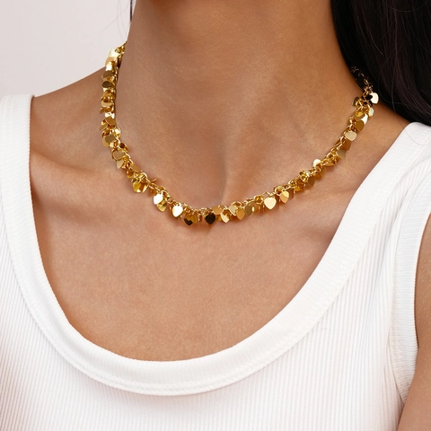 Collana Con Frange Di Paillettes A Cuore Dorato Nappa In Metallo Catena Della Clavicola Minimalista Per Donna
