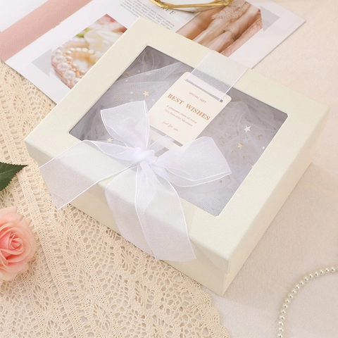 Square Gift Box With Transparent Window Ribbon Bow Greeting Card Cardboard Birthday Wedding Party Favor Packaging Pink Beige