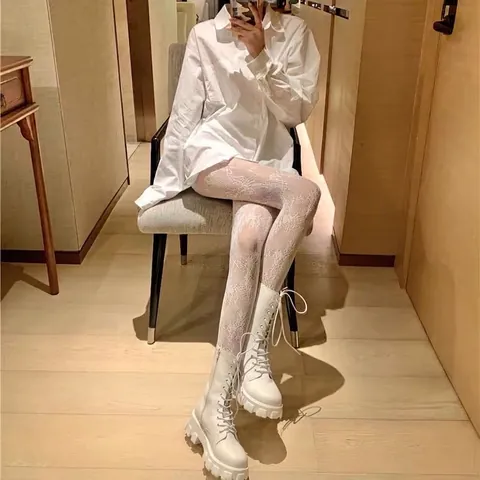 Women Sexy Fishnet Pantyhose Floral Lace Black White Tights Ultra-Thin Translucent Stockings Fashion Nightclub Legwear