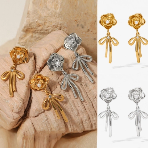 Kamelienblüte Schleife Hängeohrringe 316 Edelstahl Künstliche Perle Zirkon Wasserdicht Hypoallergen Französisch Retro Schmuck Damen
