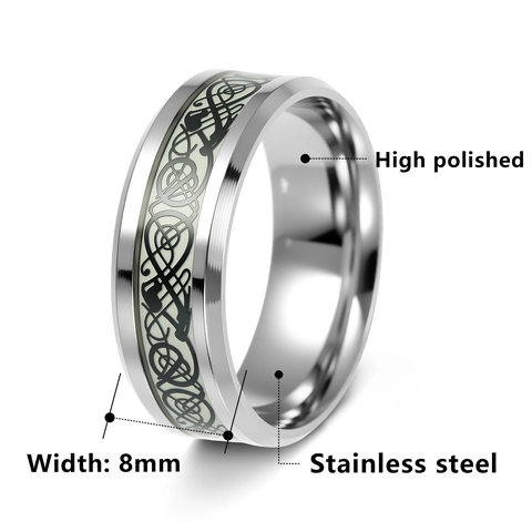 Luminous Titanium Steel Ring For Men Women Dragon Celtic Knot Pattern Glow In The Dark Ring Fashion Punk Jewelry Party Accessory