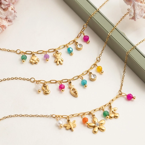 Bracciale Con Charms Acciaio Inossidabile Placcato Oro 18K Perline Colorate Orso Coniglio Fiore Gioielli Romantici Per Donne