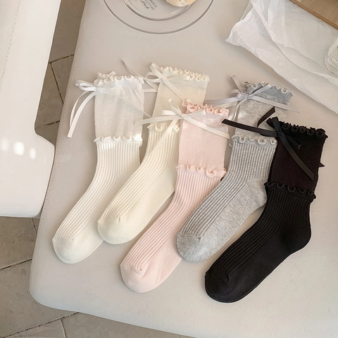 Women Mid Calf Socks Cotton Blend Ribbed Knit Bow Ribbon Ruffle Edge Sweet Lolita Japanese Style Crew Socks