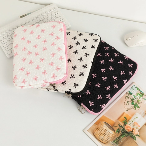 Laptop Sleeve Case Quilted Polyester Shockproof Bowknot Print Zipper Tablet Inner Bag Sweet Cute Style For Women