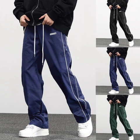 Men Sports Casual Pants Drawstring Elastic Waist Side Stripes Straight Wide Leg High Street Retro Urban Fashion