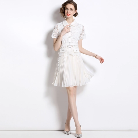 Women White Lace Patchwork Pleated Midi Dress Elegant Short Sleeve Hollow Out Turn-down Collar High Waist Belted