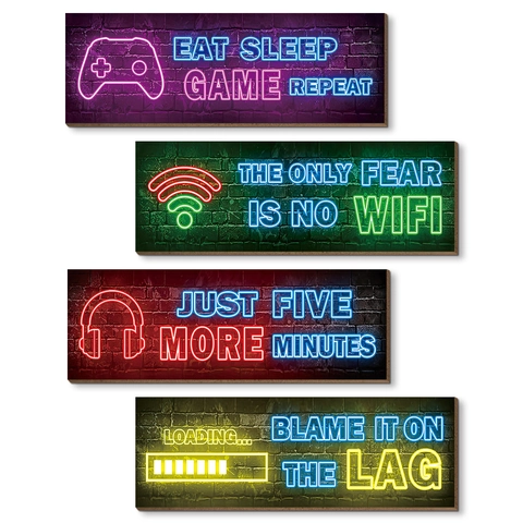Wooden Gaming Wall Signs Neon Effect Gamer Room Decor Controller Loading Bar Posters For Man Cave Bedroom