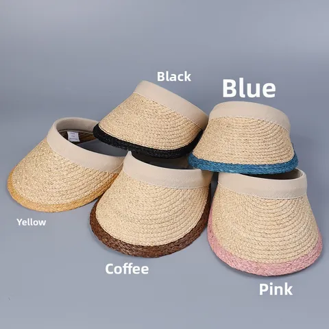 Women Raffia Sun Visor Hat Handmade Woven Straw Visor Wide Brim Adjustable Summer Beach Sun Hat For Outdoor Travel Minimalist Simple Style