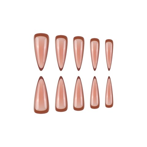 Uñas Postizas Press On Largas Stiletto Brillantes Nude Punta Francesa Degradado Marrón Oscuro Minimalistas
