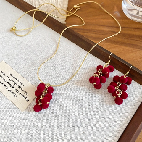 Collana E Orecchini A Grappolo Di Bacche Floccate Rosse Vintage Con Perno In Argento Gioielli Eleganti Placcati Oro Donna