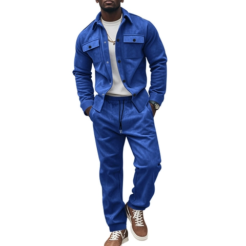 Men's Faux Suede Tracksuit Heavyweight Top And Bottom Jacket And Pants Solid Color American Streetwear Outfit For Autumn Winter