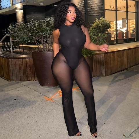 Women Jumpsuit Sleeveless Mesh Sheer Backless Slim Fit Sexy Streetwear Black Bodycon Long Pants