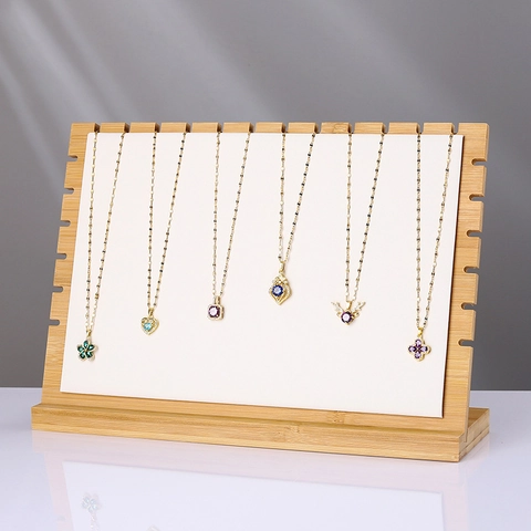 Bamboo Wood Necklace Display Stand PU Leather Velvet Padded Multiple Slots Jewelry Organizer Board For Desktop Counter