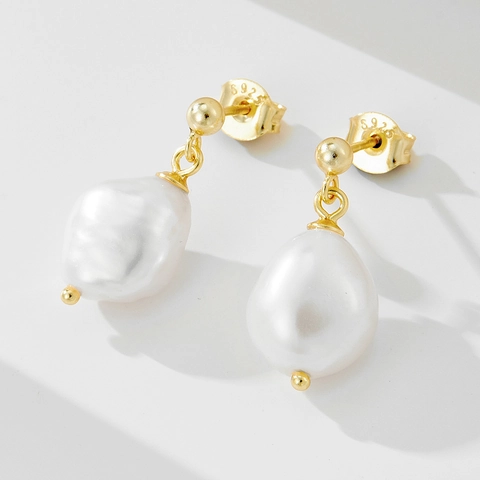 Orecchini a Bottone con Perla d'Acqua Dolce Irregolare Barocca Donna Perno in Argento Sterling 925 Oro Gioielli Eleganti